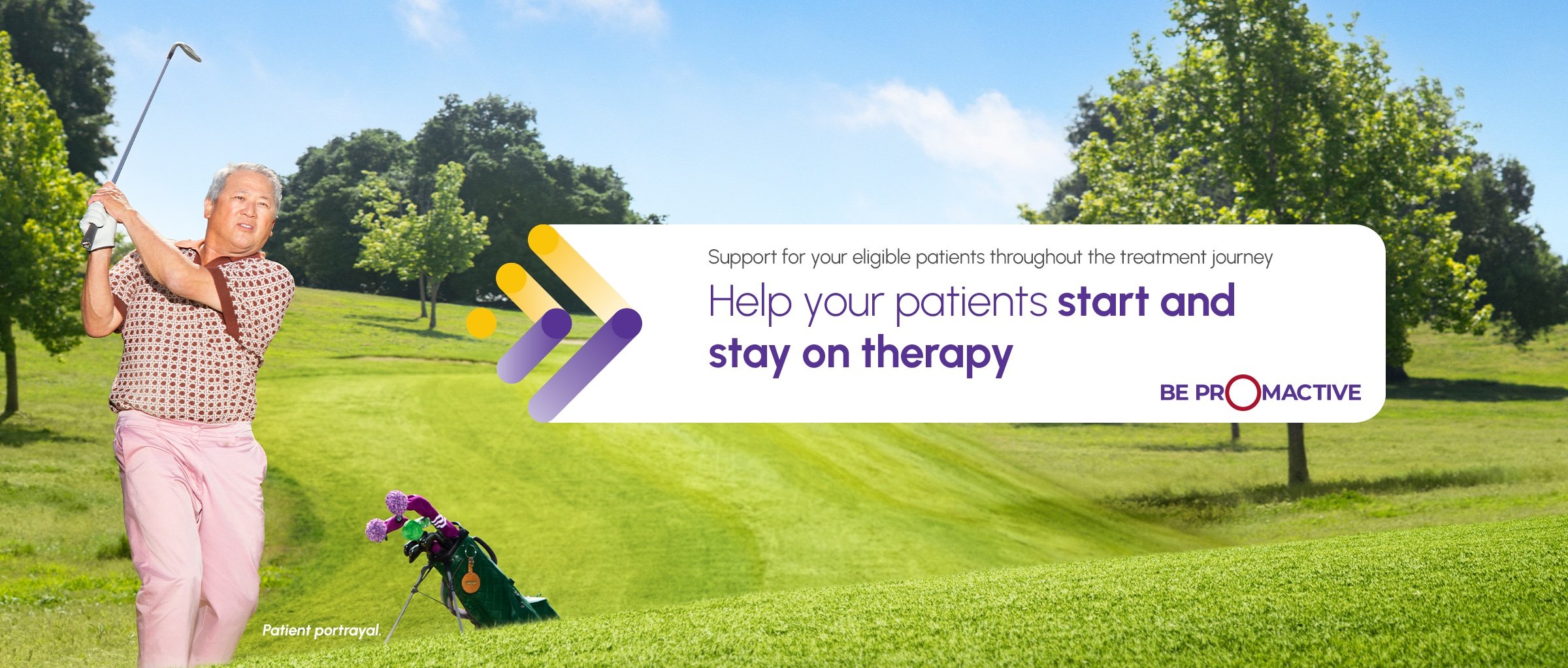 Image of patient playing golf with text stating "Help your patients start and stay on therapy"