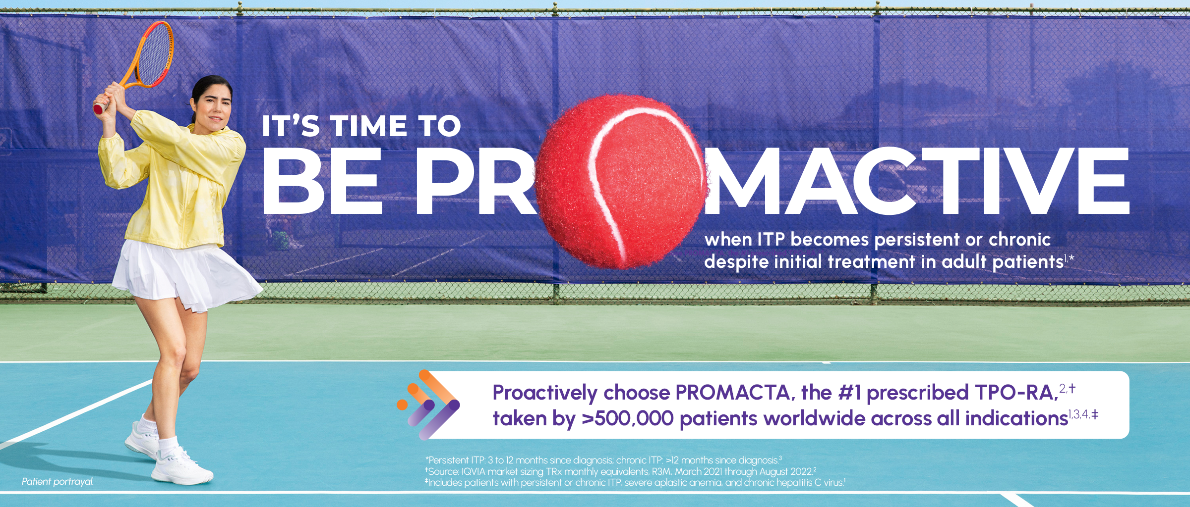 Image of patient playing tennis with text stating "BE PROMACTIVE when ITP becomes persistent or chronic despite initial treatment in adult patients"
